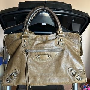 BALENCIAGA 2003 Olive Brown City Bag, Chèvre Leather with Silver (Pewter) HW